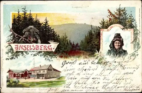 Litho Brotterode in Thüringen, Inselsberg, Frau in Tracht, Preußischer Gasthof, Auerhuhn