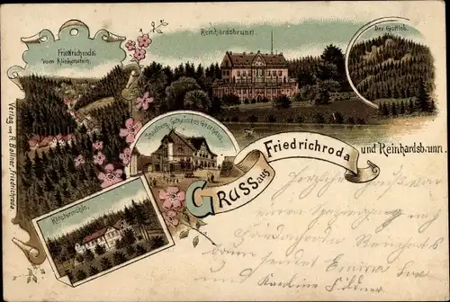 Litho Friedrichroda Thüringer Wald, Reinhardsbrunn, Gottlob, Klostermühle, Panorama v. Klinkenstein