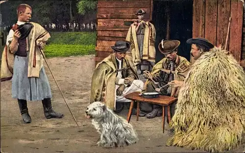 Ak Abendessen auf der Puszta, Repas du soir dans la plaine de Hortobagy, Ungarische Tracht