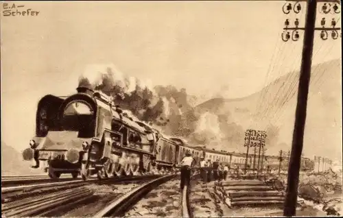 Künstler Ak Schefer, E. A., Französische Eisenbahn, Bahnschienen, Traction a vapeur 1935