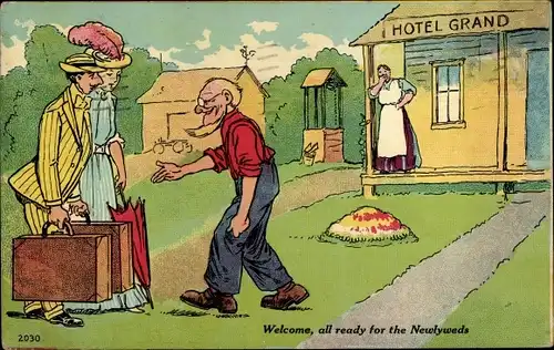 Ak Welcome, all ready for the Newlyweds, Hotel Grand, Reisende, Gepäck, Koffer
