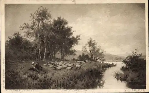Künstler Ak Stanton, E., Partie am See, Schafe, Wald, Bauern