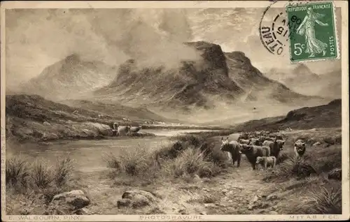 Künstler Ak Walbourn, E., Rinder, Wiese, Fluss, Im Hintergrund Berge