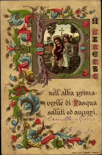 Präge Litho Glückwunsch Ostern, Kinder, Kreuz, Wasserkrug, Blumen