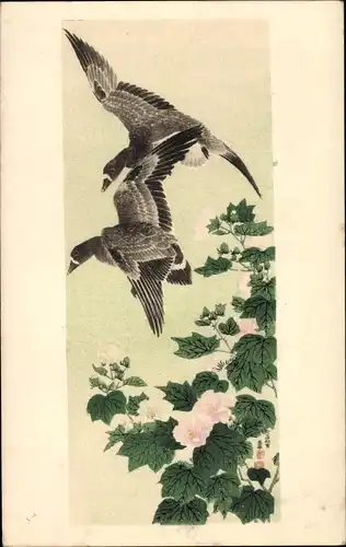 Ak Vögel im Flug, Blühender Baum