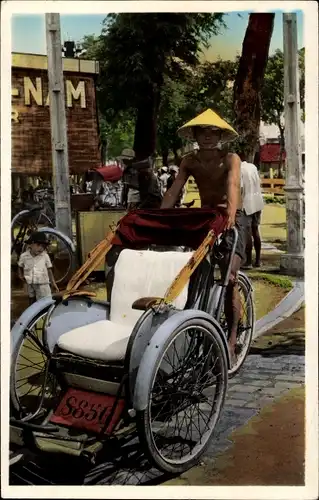 Ak Saigon Cochinchine Vietnam, Cyclo Pousse, Rikschafahrer, Fahrrad mit Sitz