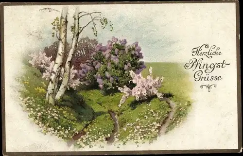 Ak Glückwunsch Pfingsten, Landschaft mit Birken und Fliederbusch