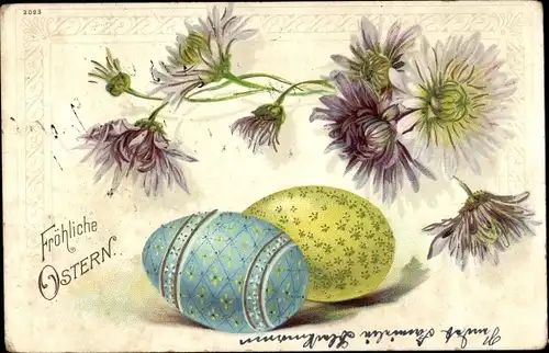 Litho Glückwunsch Ostern, Bunte Ostereier, Blüten