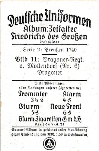 Sammelbild Deutsche Uniformen, Zeitalter Friedrichs des Großen, Serie 2 Bild 11, Dragoner Rgt. 6