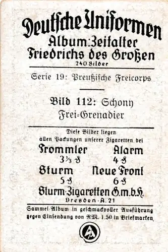 Sammelbild Deutsche Uniformen, Zeitalter Friedrichs des Großen, Serie 19 Bild 112 Schonn Frei Grena.