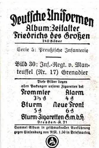 Sammelbild Deutsche Uniformen, Zeitalter Friedrichs des Großen, Serie 5 Bild 30,Inf. Rgt. Manteuffel