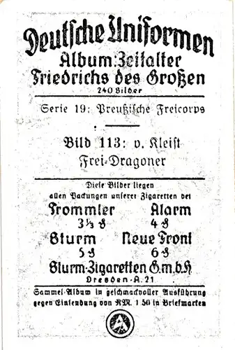 Sammelbild Deutsche Uniformen, Zeitalter Friedrichs des Großen, Serie 19 Bild 113 Frei Dragoner