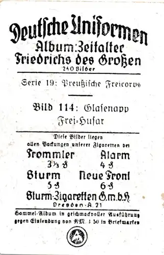 Sammelbild Deutsche Uniformen, Zeitalter Friedrichs des Großen, Serie 19 Bild 114 Frei Husar