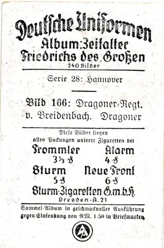 Sammelbild Deutsche Uniformen, Zeitalter Friedrichs des Großen, Serie 28 Bild 166 Dragoner Rgt.