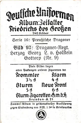 Sammelbild Deutsche Uniformen, Zeitalter Friedrichs des Großen, Serie 16 Bild 93 Dragoner Rgt. 9