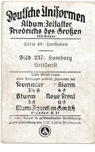 Sammelbild Deutsche Uniformen, Zeitalter Friedrichs des Großen, Serie 40 Bild 237 Hamburg Artill.