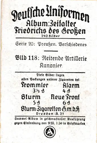 Sammelbild Deutsche Uniformen, Zeitalter Friedrichs des Großen, Serie 20 Bild 118 Reitende Artill.