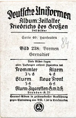 Sammelbild Deutsche Uniformen, Zeitalter Friedrichs des Großen, Serie 40 Bild 238 Brem. Grenadier