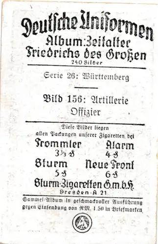 Sammelbild Deutsche Uniformen, Zeitalter Friedrichs des Großen, Serie 26 Bild 156 Württ. Artillerie