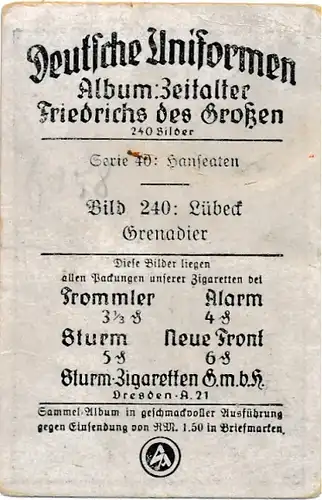 Sammelbild Deutsche Uniformen, Zeitalter Friedrichs des Großen, Serie 40 Bild 240 Lübeck Grenadier