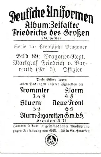 Sammelbild Deutsche Uniformen, Zeitalter Friedrichs des Großen, Serie 15 Bild 89 Dragoner Rgt. 5