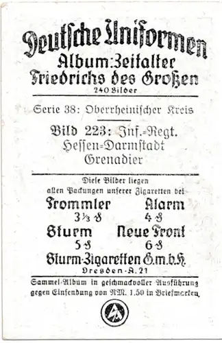 Sammelbild Deutsche Uniformen, Zeitalter Friedrichs des Großen, Serie 38 Bild 223 Inf. Rgt. Hessen