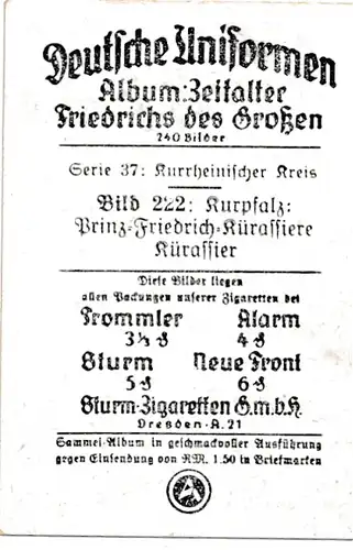 Sammelbild Deutsche Uniformen, Zeitalter Friedrichs des Großen, Serie 37 Bild 222 Kurpfalz Kürassier