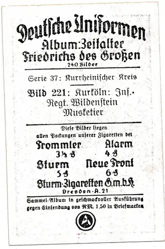 Sammelbild Deutsche Uniformen, Zeitalter Friedrichs des Großen, Serie 37 Bild 221 Kurköln Musketier