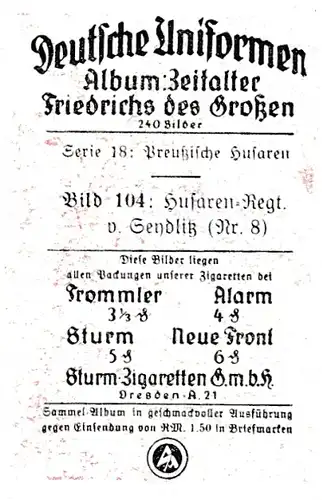 Sammelbild Deutsche Uniformen, Zeitalter Friedrichs des Großen, Serie 18 Bild 104 Husaren Rgt. 8