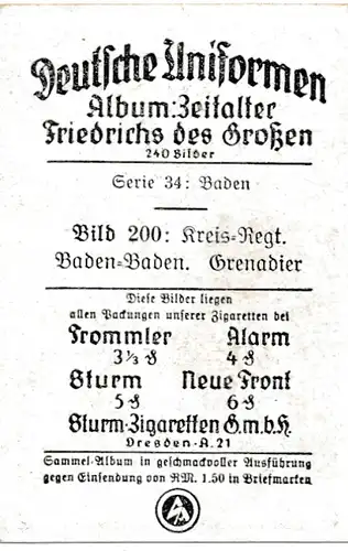 Sammelbild Deutsche Uniformen, Zeitalter Friedrichs des Großen, Serie 34 Bild 200 Kreis Rgt. Baden