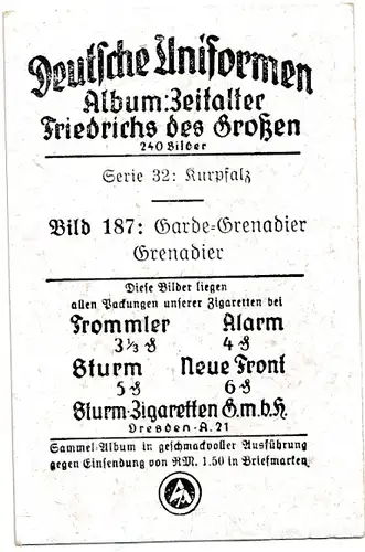 Sammelbild Deutsche Uniformen, Zeitalter Friedrichs des Großen, Serie 32 Bild 187 Garde Grenadier