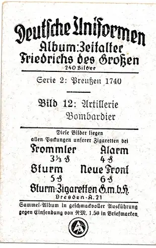 Sammelbild Deutsche Uniformen, Zeitalter Friedrichs des Großen, Serie 2 Bild 12 Bombardier