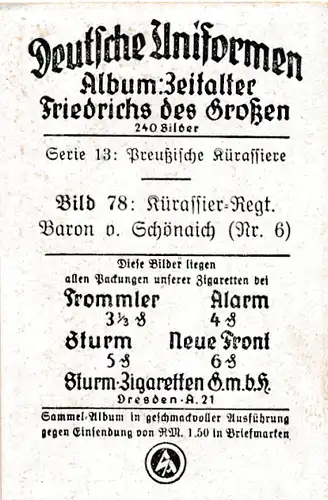 Sammelbild Deutsche Uniformen, Zeitalter Friedrichs des Großen, Serie 13 Bild 78 Kürassier Rgt. 6