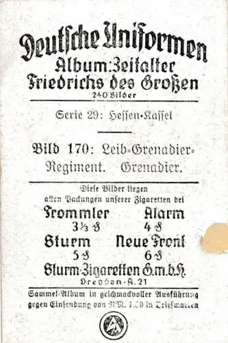 Sammelbild Deutsche Uniformen, Zeitalter Friedrichs des Großen, Serie 29 Bild 170 Leib Grenadier Rgt