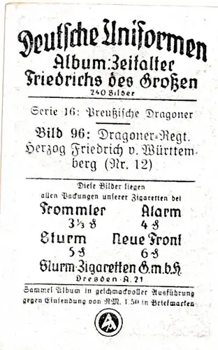 Sammelbild Deutsche Uniformen, Zeitalter Friedrichs des Großen, Serie 16 Bild 96 Dragoner Rgt. 12