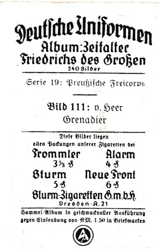 Sammelbild Deutsche Uniformen, Zeitalter Friedrichs des Großen, Serie 19 Bild 111 v. Heer