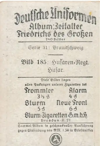 Sammelbild Deutsche Uniformen, Zeitalter Friedrichs des Großen, Serie 31 Bild 185 Braunschw. Husar