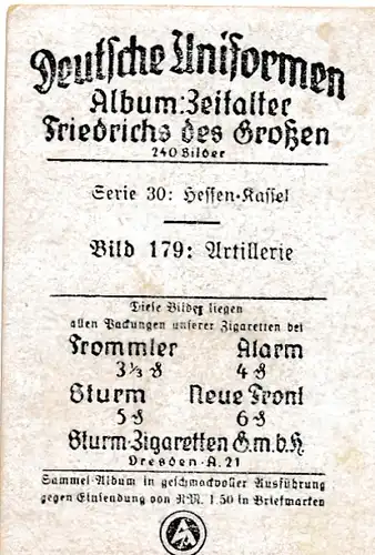 Sammelbild Deutsche Uniformen, Zeitalter Friedrichs des Großen, Serie 30 Bild 179 Artillerie Hessen