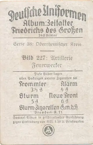 Sammelbild Deutsche Uniformen, Zeitalter Friedrichs des Großen, Serie 38 Bild 227 Artill. Oberrhein