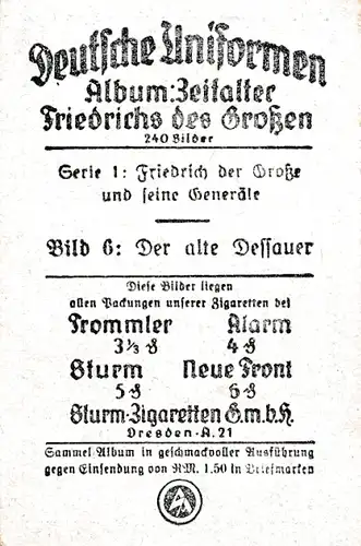 Sammelbild Deutsche Uniformen, Zeitalter Friedrichs des Großen, Serie 1 Bild 6 Der alte Dessauer