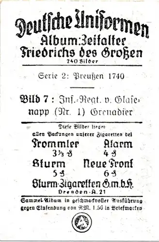 Sammelbild Deutsche Uniformen, Zeitalter Friedrichs des Großen, Serie 2 Bild 7 Inf. Rgt. 1