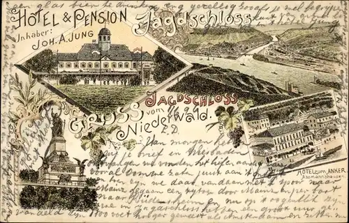 Litho Rüdesheim am Rhein, Niederwald Nationaldenkmal, Hotel Pension Jagdschloss, Hotel Anker