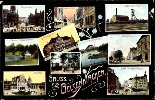 Ak Gelsenkirchen im Ruhrgebiet, Bahnhof, Stadtgarten, Zeche Hibernia, Amtsgericht