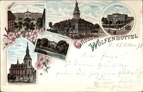 Litho Wolfenbüttel in Niedersachsen, Kaffeehaus, Schloss, Bibliothek, Gymnasium, Kirche