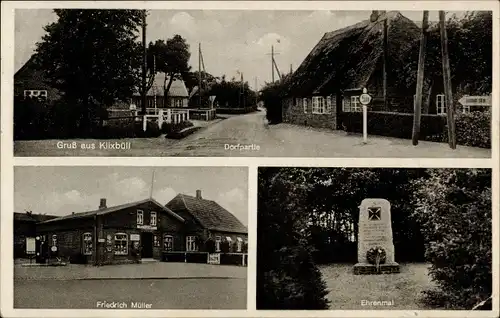 Ak Klixbüll in Nordfriesland, Dorfpartie, Geschäft Friedrich Müller, Ehrenmal