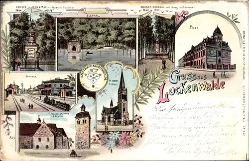 Litho Luckenwalde im Kreis Teltow Fläming, Elstal, Post, Kriegerdenkmal, Bahnhof, St. Johanniskirche