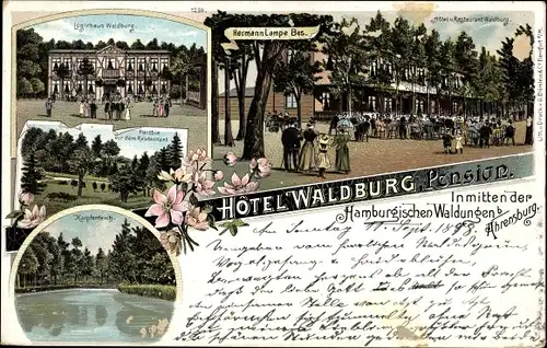 Litho Ahrensburg in Schleswig Holstein, Hotel Waldburg, Logirhaus, Garten, Karpfenteich
