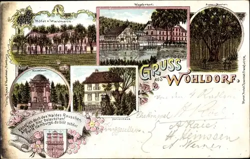 Litho Hamburg Wandsbek Wohldorf, Hotel, Herrenhaus, Kupferhof, Mausoleum