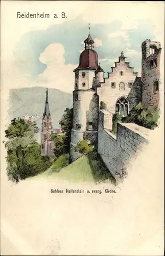 Künstler Ak Felle, Eugen, Heidenheim an der Brenz Württemberg, Schloss Hellenstein mit evang. Kirche