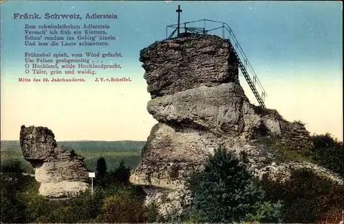 Ak Wiesenttal Fränkische Schweiz, Adlerstein, Felsformation, Treppe, Gedicht, Gipfelkreuz